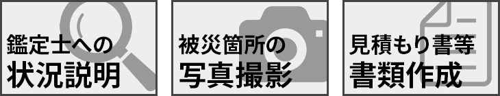 鑑定士への状況説明・被災箇所の写真撮影・見積もり書等書類作成