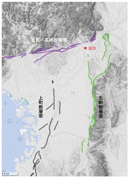大阪北部地震震源周辺の主要活断層帯